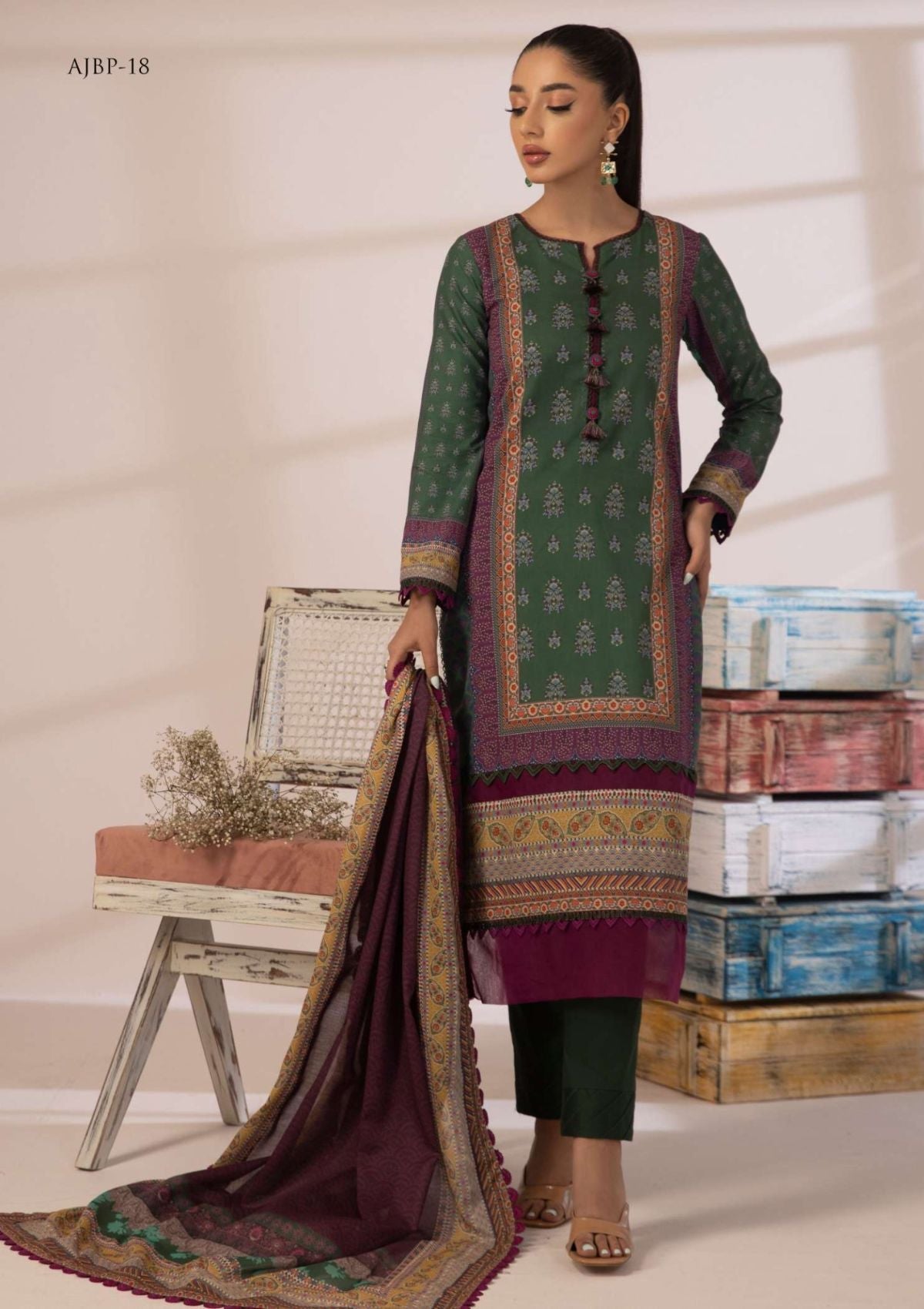 Asim Jofa-Printed Lawn-2pcs-Green AJ-BP-18 - Mirha Fashion