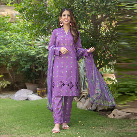 Regalia Orchid Printed Lawn with Chiffon Zari Dupatta | 5